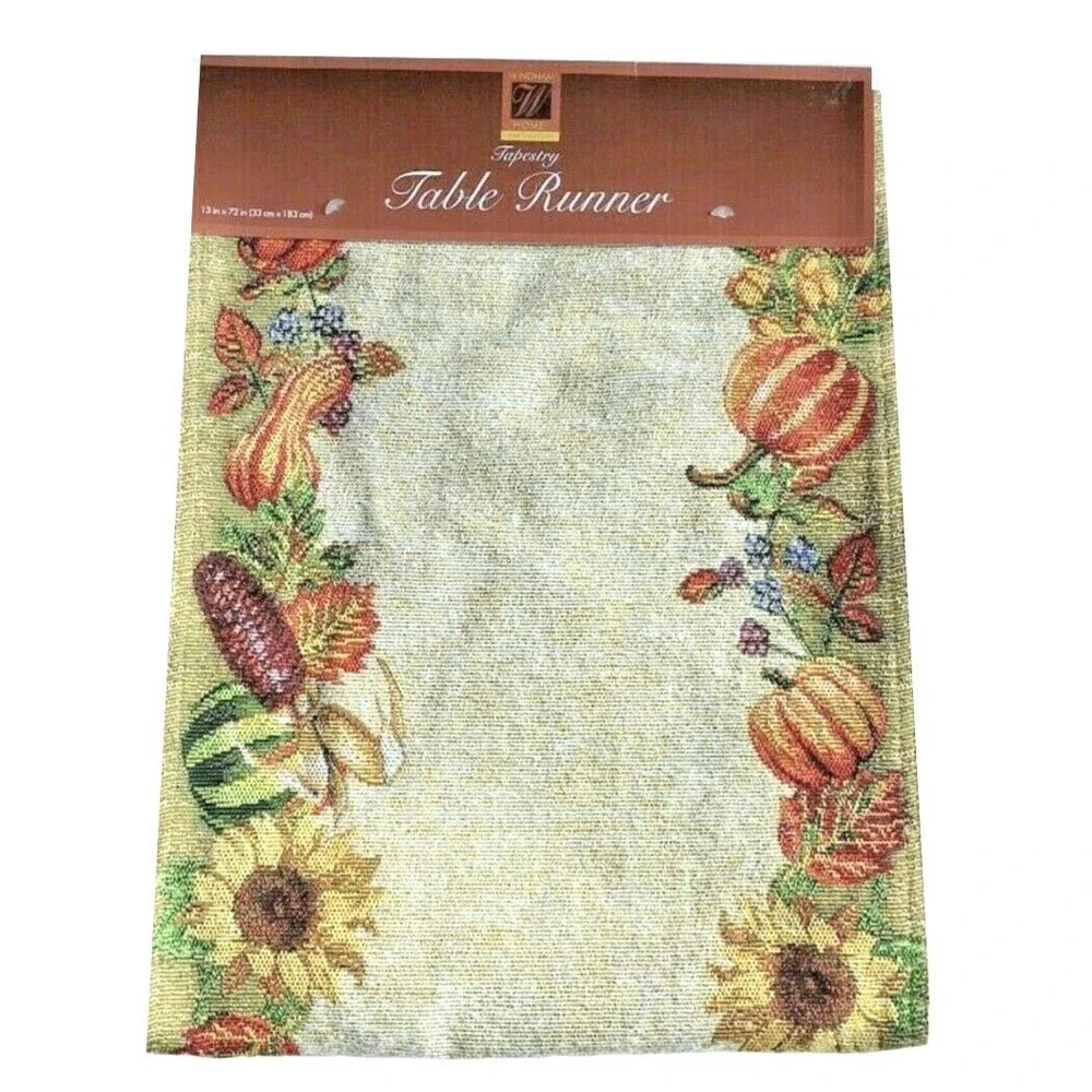 Thanksgiving Table Runner Sunflower Pumpkin Leaves Tapestry Stunning 13x72
